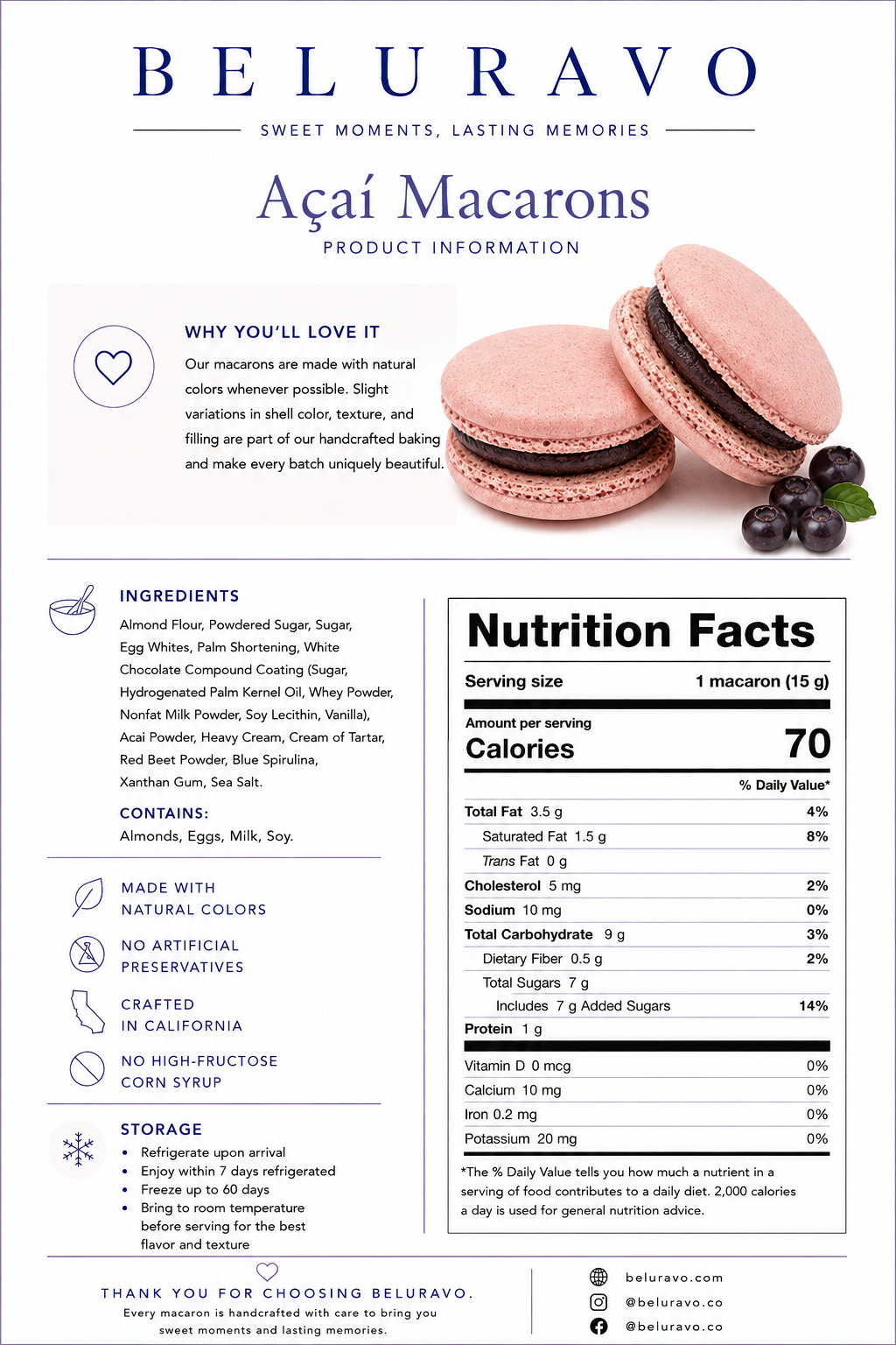 Classic Acai French Macarons | 36 Count | Made with Natural Colors | Gourmet Almond Cookies | Fresh Citrus Dessert