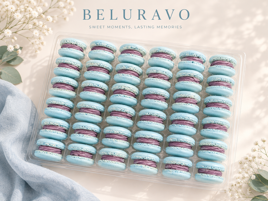 Classic Blueberry French Macarons | 36 Count | Made with Natural Colors | Gourmet Almond Cookies | Fresh Citrus Dessert