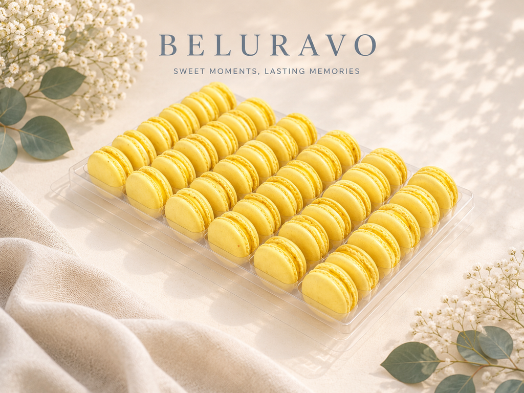 Classic Lemon French Macarons | 36 Count | Made with Natural Colors | Gourmet Almond Cookies | Fresh Citrus Dessert | Beluravo