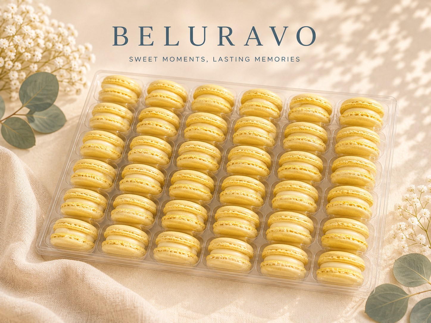 Classic Lemon French Macarons | 36 Count | Made with Natural Colors | Gourmet Almond Cookies | Fresh Citrus Dessert | Beluravo
