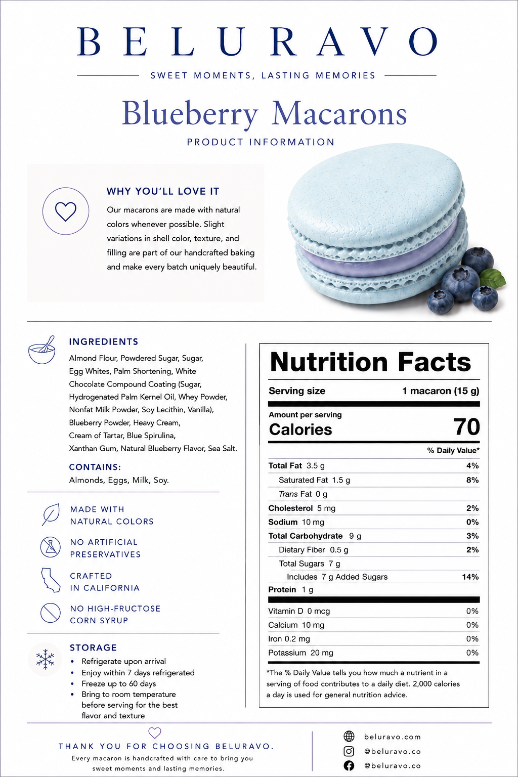 Classic Blueberry French Macarons | 36 Count | Made with Natural Colors | Gourmet Almond Cookies | Fresh Citrus Dessert