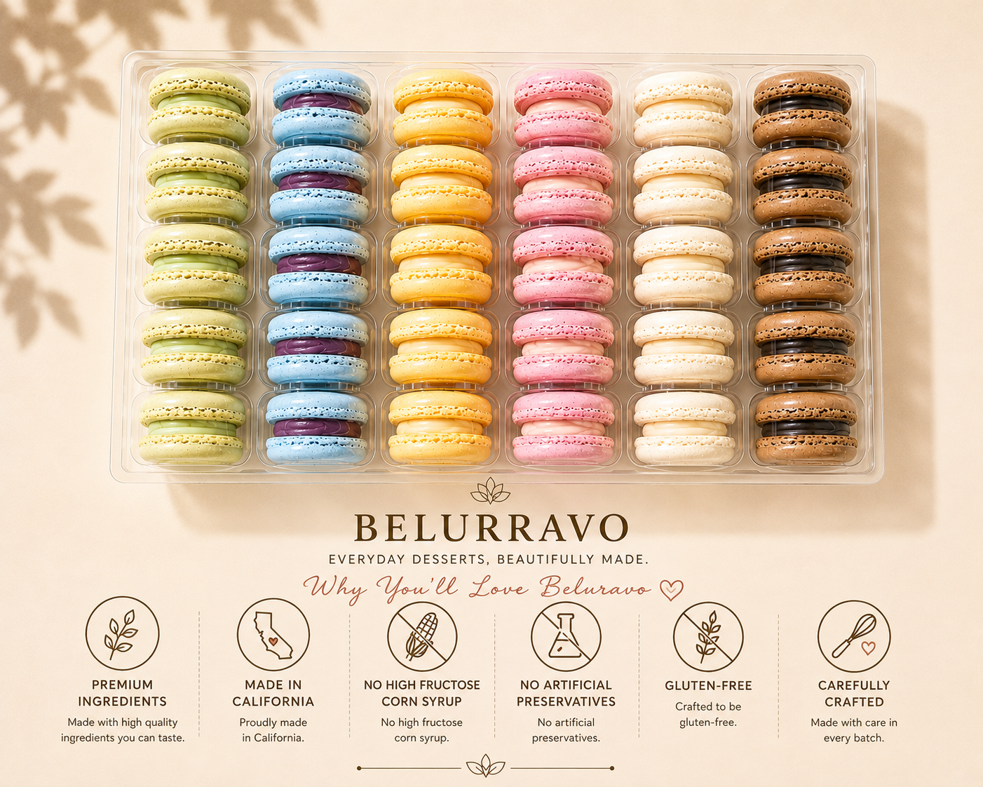 Beluravo Everyday Collection | Assorted French Macarons | 36 Count