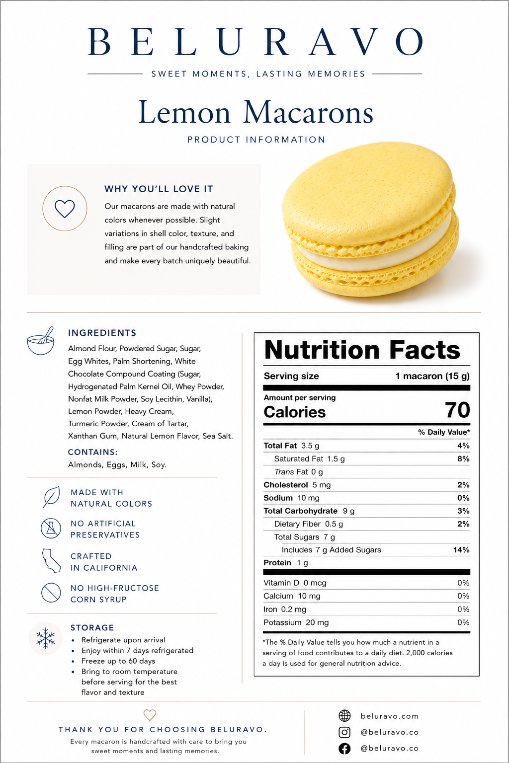 Classic Lemon French Macarons | 36 Count | Made with Natural Colors | Gourmet Almond Cookies | Fresh Citrus Dessert | Beluravo