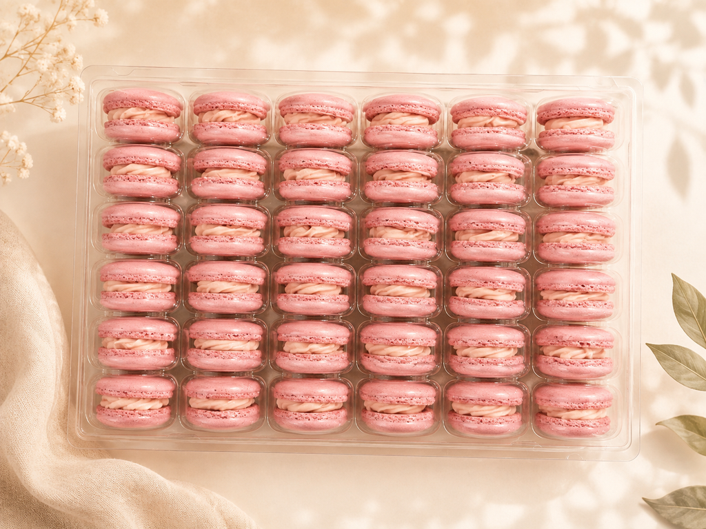 Classic Strawberry French Macarons | 36 Count | Made with Natural Colors | Gourmet Almond Cookies | Fresh Citrus Dessert
