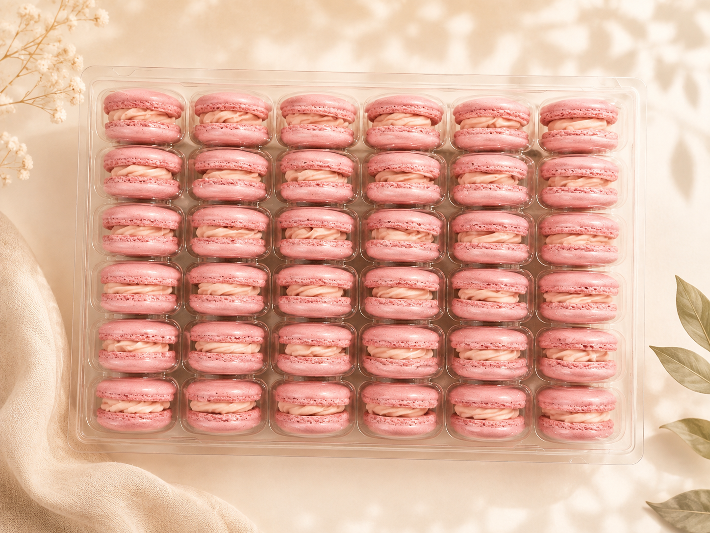 Classic Strawberry French Macarons | 36 Count | Made with Natural Colors | Gourmet Almond Cookies | Fresh Citrus Dessert