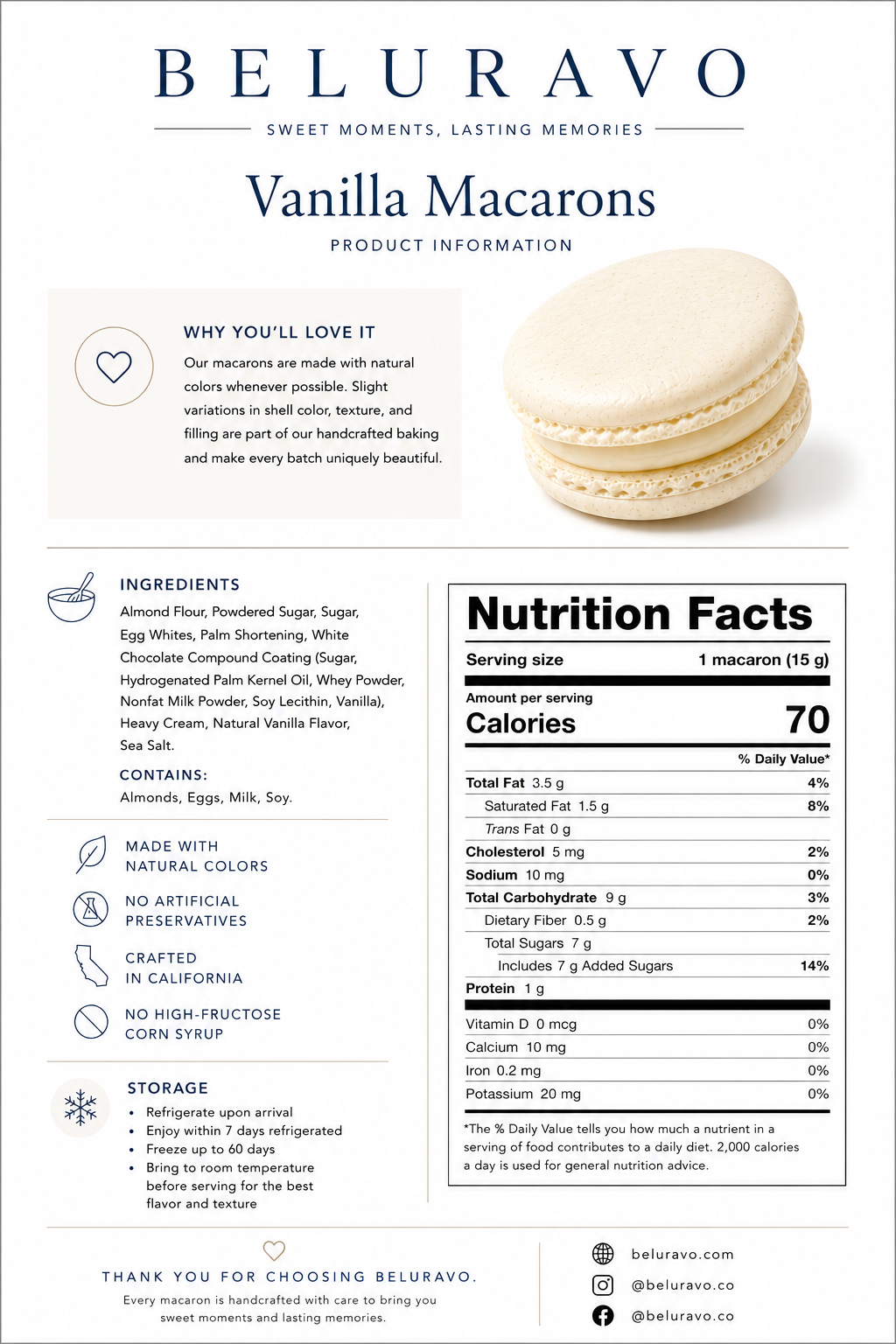 Beluravo Classic Vanilla French Macarons | 36 Count | Made with Natural Colors
